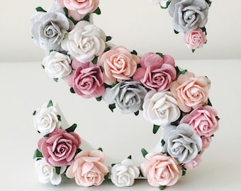Pastel Floral Letter Dusty Rose & Blush Nursery Wall Decor Custom Wooden Name Sign Soft Grey Paper Flower Letters Baby Girl Room Art