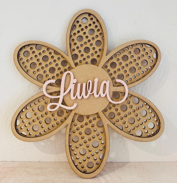 Rattan bedroom decor, Wooden daisy wall art, personalised wooden name flower