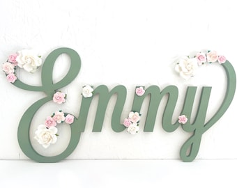 Personalised Wooden Name Sign with Flowers, Girls bedroom art, Custom Baby wall decor