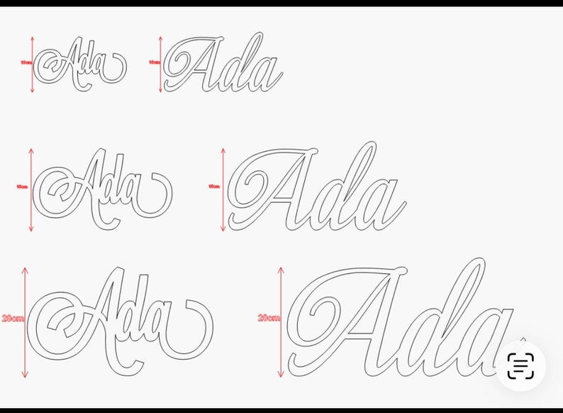 May include: A selection of laser-cut wooden name signs spelling "Ada" in a cursive font. The signs vary in size, with heights of 10mm, 15mm, and 20cm. The name is displayed in a decorative, flowing script, ideal for personalized decor.
