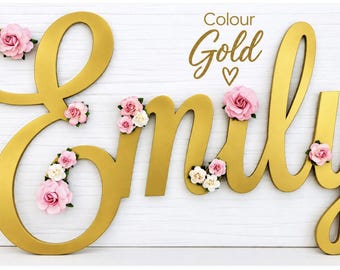 Custom wooden name sign for nursery - personalized new baby gift - first birthday decorations gold decor