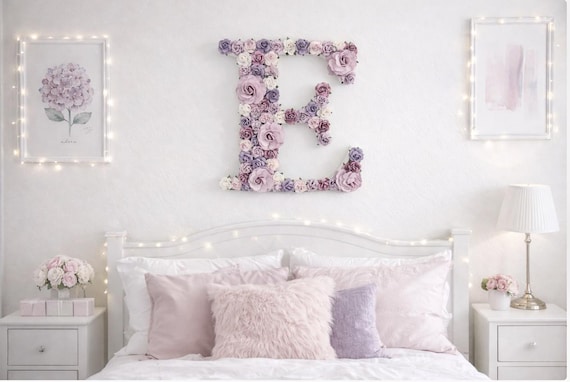 Personalised Flower Letter, Purple Nursery Decor, Personalised Girls Bedroom Wall Art