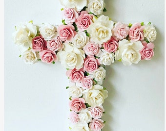 Flower cross, wooden cross, Baptism gift, Christening gift, funeral cross, communion gift, christening decor, new baby gift, baby girl gift