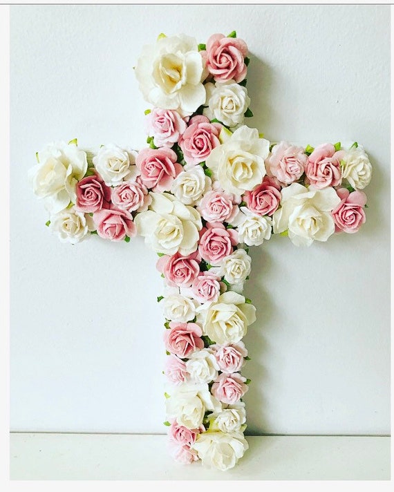 Flower cross, wooden cross, Baptism gift, Christening gift, funeral cross, communion gift, christening decor, new baby gift, baby girl gift