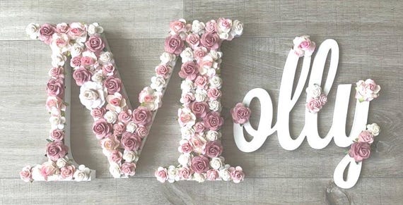New baby announcement sign, wooden name sign, flower letter name, nursery name sign, new baby gift
