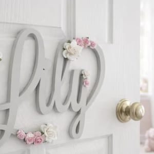 May include: A grey wooden sign spelling "Lily" in cursive, decorated with pink and white paper flowers. The sign is mounted on a white door with a gold doorknob, suitable for a nursery or child's bedroom.