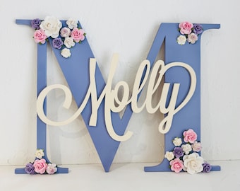 Nursery shelf decor, Personalised wooden Letter, Baby Name door sign