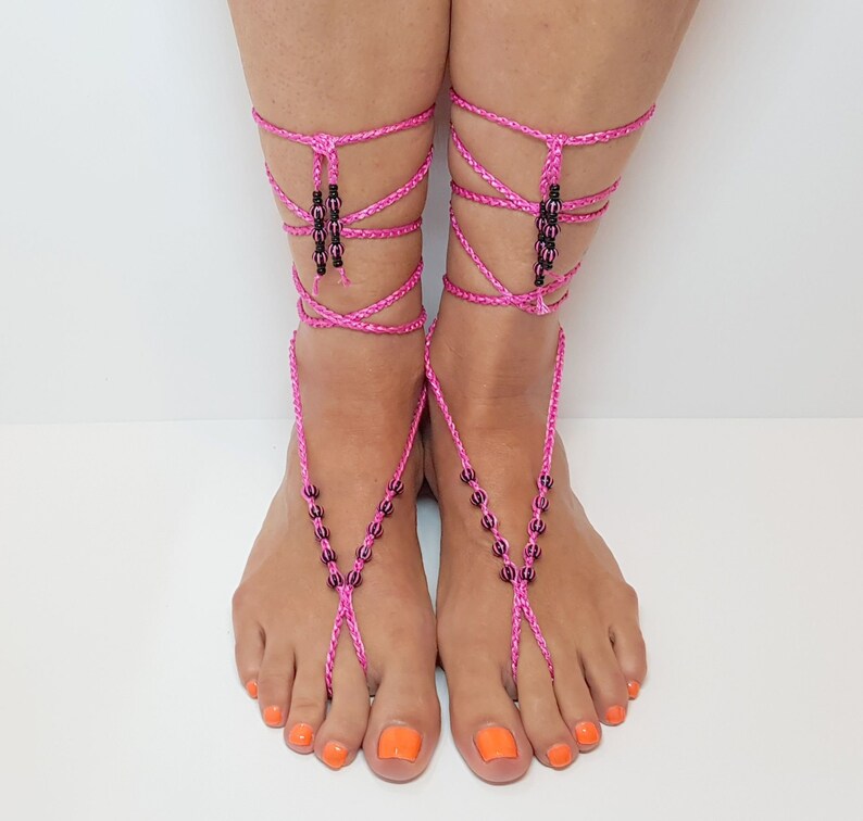 1 pair Boho pink beaded crochet barefoot sandals beach bridal shoes yoga anklets foot jewellery