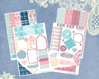 May include: A set of printable planner stickers with a blue and pink color scheme. The stickers feature various designs, including ice cream cones, stars, hearts, and geometric shapes. The text "Ice Cream" appears on the stickers.