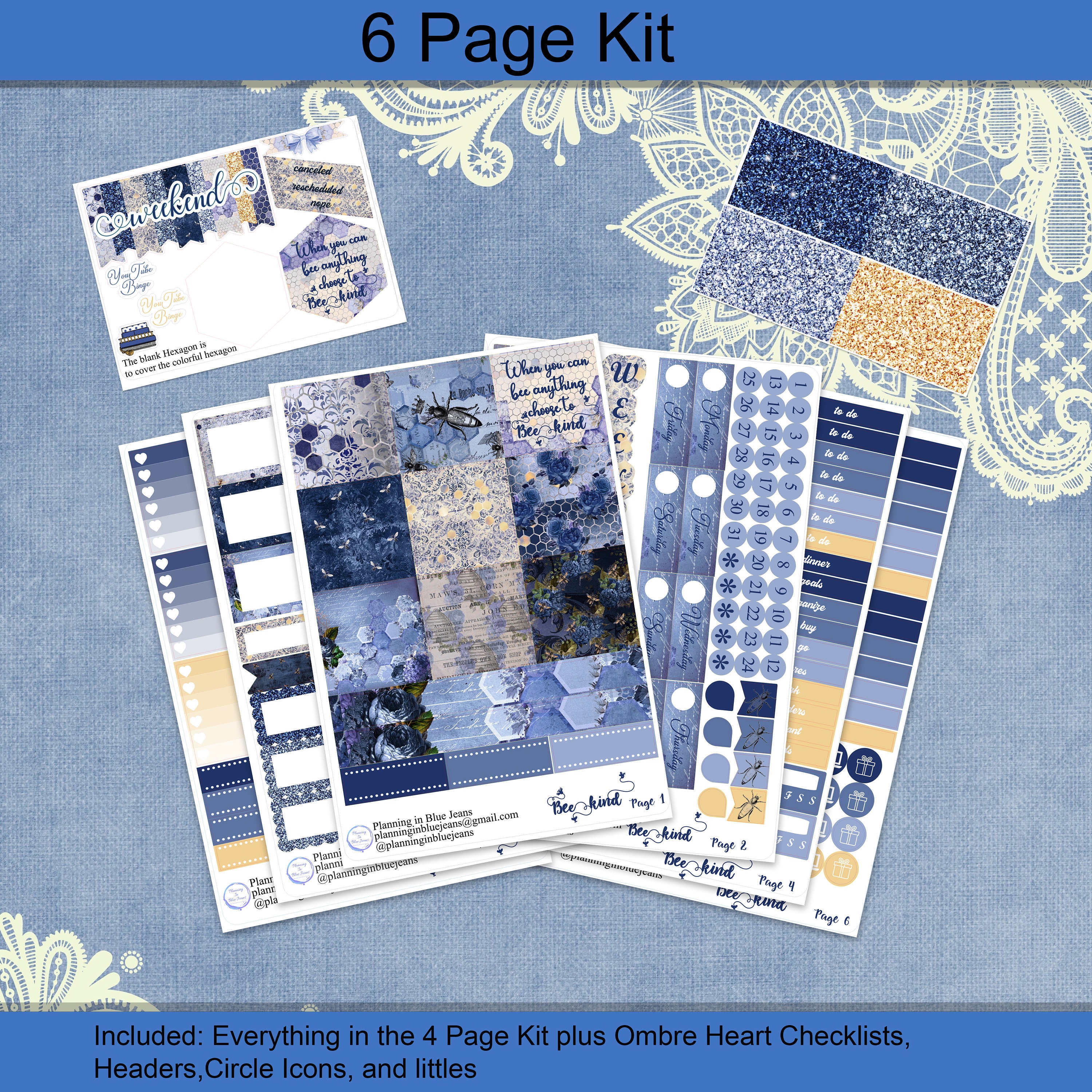 Horizontal - Blue Bee Kind Planner Sticker Weekly Kit 4, 6, 8 Page or A ...