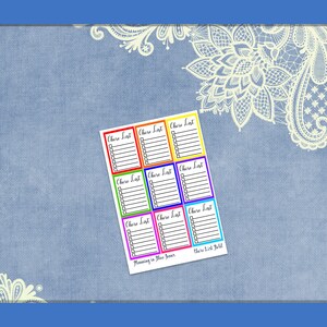 May include: A sheet of colorful chore list stickers. Each sticker has a different colored border and the words "Chore List" at the top. The stickers have a checklist format with boxes to check off tasks. The text "Planning in Blue Jeans" and "Chore List Bold" are also visible.