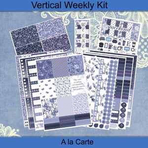 Pionowe 7 x 9 - Denim Roses Blue Floral Planner Naklejki Zestaw tygodniowy 4, 6, 8 stron lub A La Carte