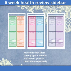 Puede incluir: Seis pegatinas imprimibles para la barra lateral de revisión de salud. Cada pegatina es de un color diferente: verde, naranja, rosa, azul, morado y gris. Cada pegatina tiene el texto "Revisión del viaje de salud de 6 semanas" y secciones para medicamentos, vitaminas, foto antes, foto después, peso antes, peso después y recompensa.