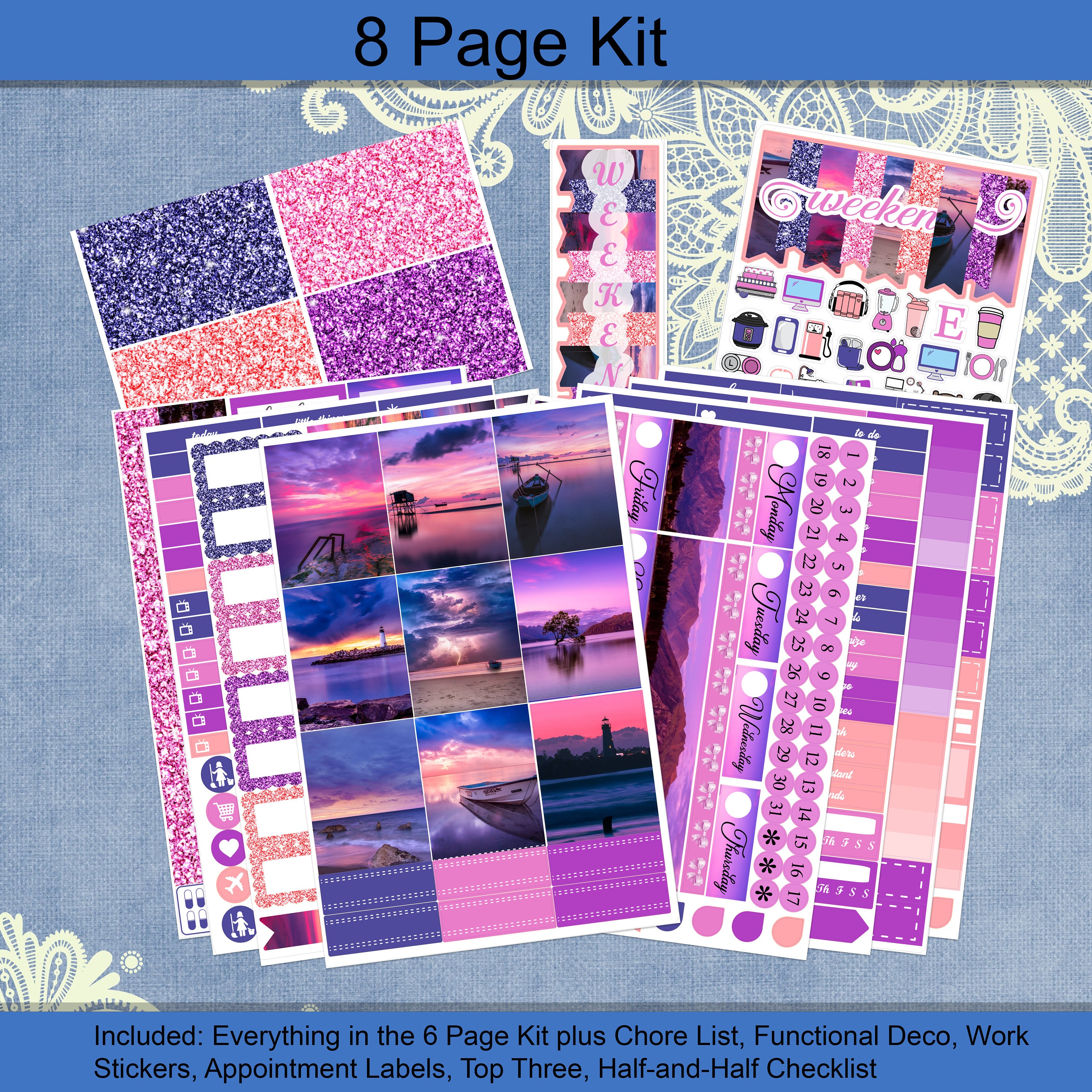 Vertical 7 X 9 - Purple Sunsets Planner Stickers Weekly Kit 4, 6, 8 ...