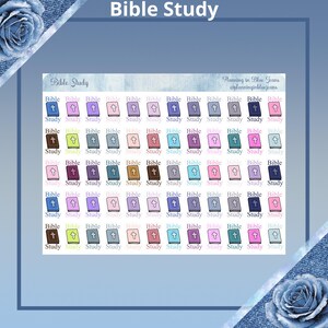 May include: A sheet of colorful stickers with the words "Bible Study" and a variety of Bible-themed designs. Each sticker features a closed book with a cross on the cover and the words "Bible Study" written below.