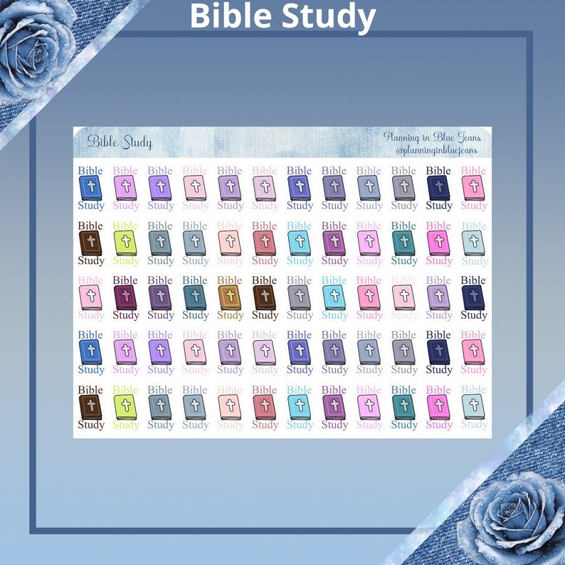 May include: A sheet of colorful stickers with the words "Bible Study" and a variety of Bible-themed designs. Each sticker features a closed book with a cross on the cover and the words "Bible Study" written below.