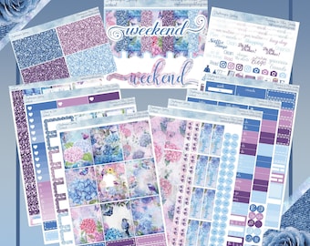 May include: An 8-page vertical weekly planner kit with a blue and purple floral theme. The kit includes a variety of stickers, including a "weekend" banner, a "work" banner, and a "reminders" banner. The kit also includes a calendar page, a to-do list page, and a habit tracker page.