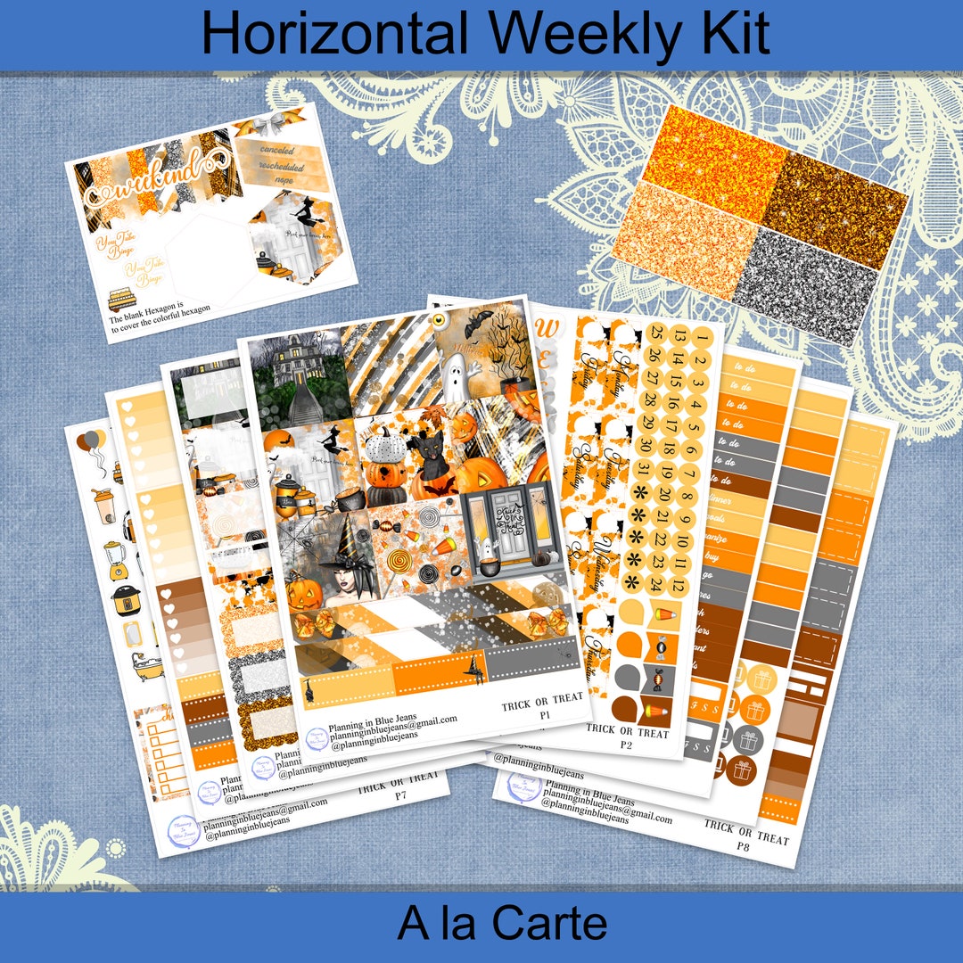 Horizontal - Trick or Treat Planner Stickers Weekly Kit 4, 6, 8 Page or ...