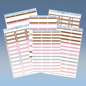 May include: Several sheets of planner stickers in various designs. The stickers feature brown, pink, and gray borders with white spaces for writing. Some stickers have glitter accents and decorative stitching. The text "Colored stitched 1/4 boxes - Sakura" is visible.