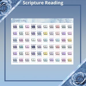 May include: A digital sheet of 48 colorful stickers with the text "Scripture Reading" on each sticker. The stickers are in various shades of pink, blue, purple, and yellow. The stickers are designed to look like open books.
