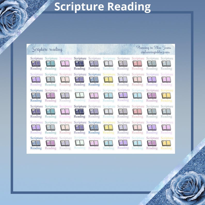 May include: A digital sheet of 48 colorful stickers with the text "Scripture Reading" on each sticker. The stickers are in various shades of pink, blue, purple, and yellow. The stickers are designed to look like open books.