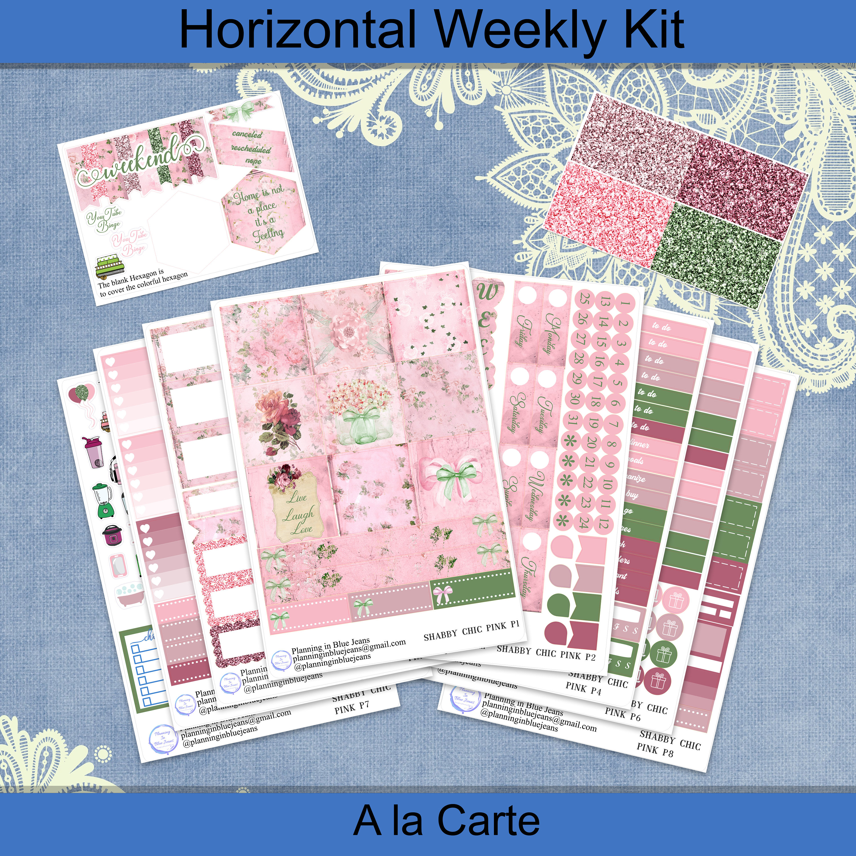 Horizontal - Shabby Chic Pink Sticker Weekly Kit 4, 6, 8 Page or A La ...
