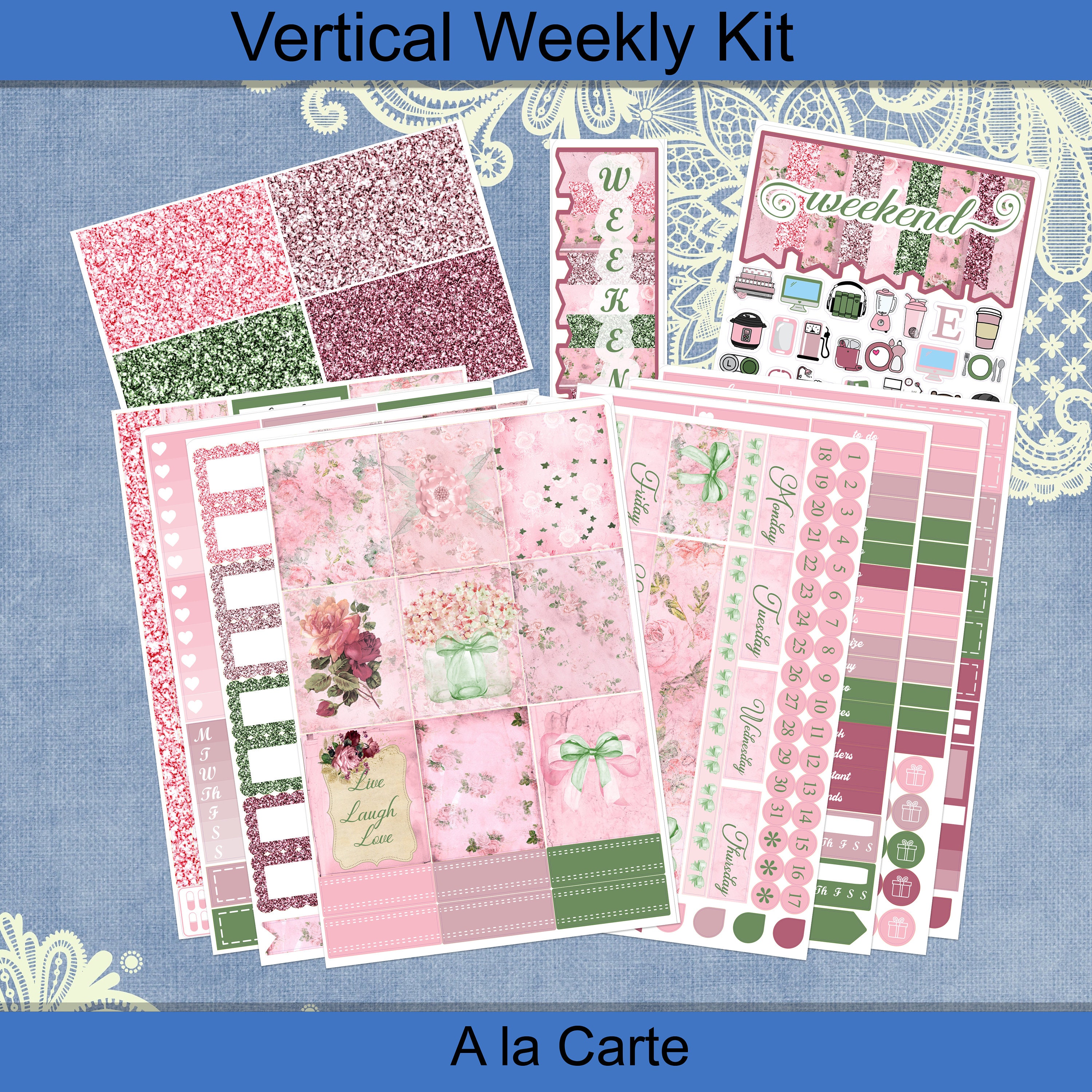 Vertical 7 X 9 - Shabby Chic Pink Sticker Weekly Kit 4, 6, 8 Page or A ...