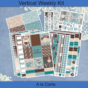 Vertical 7 x 9 - Pero el primer kit semanal de pegatinas del planificador de café 4, 6, 8 páginas o A La Carte Brown y Teal