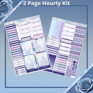 May include: A two-page hourly planner kit with a purple and blue watercolour background. The kit includes a daily log, a weekly log, and a page of stickers with various designs, including water droplets, circles, and squares.