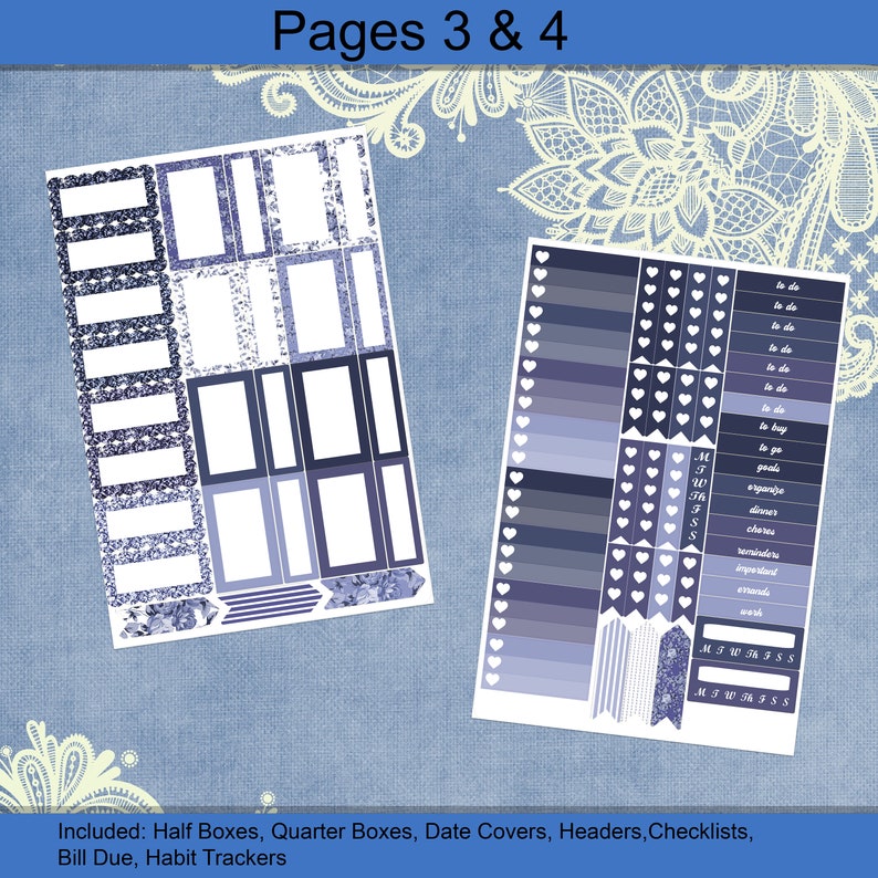 Horizontal - Denim Roses Blue Floral Planner Stickers Weekly Kit 4, 6 ...