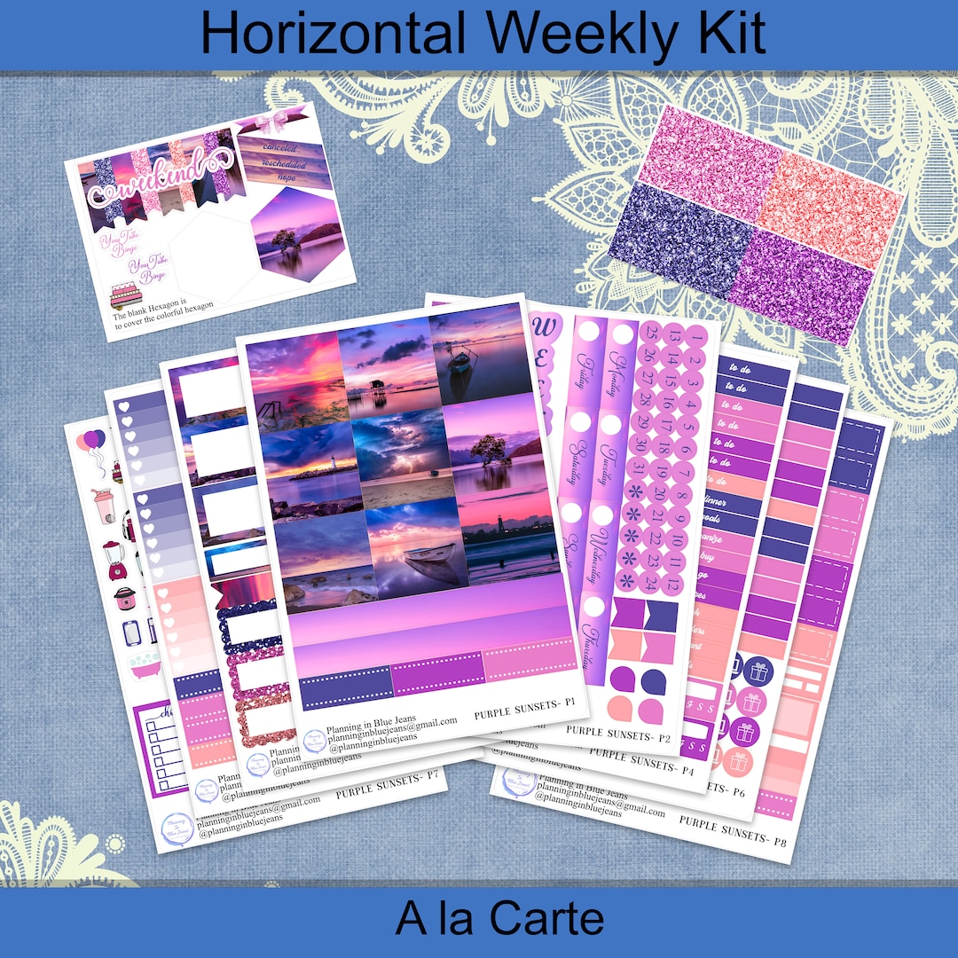 Horizontal - Purple Sunsets Planner Stickers Weekly Kit 4, 6, 8 Page or ...