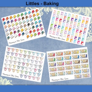 May include: Four sheets of colorful stickers featuring various baking-themed illustrations. The stickers are arranged in a grid pattern and include images of rolling pins, mixing bowls, and kitchen utensils. The text "Planning in Blue Jeans" appears on each sheet.