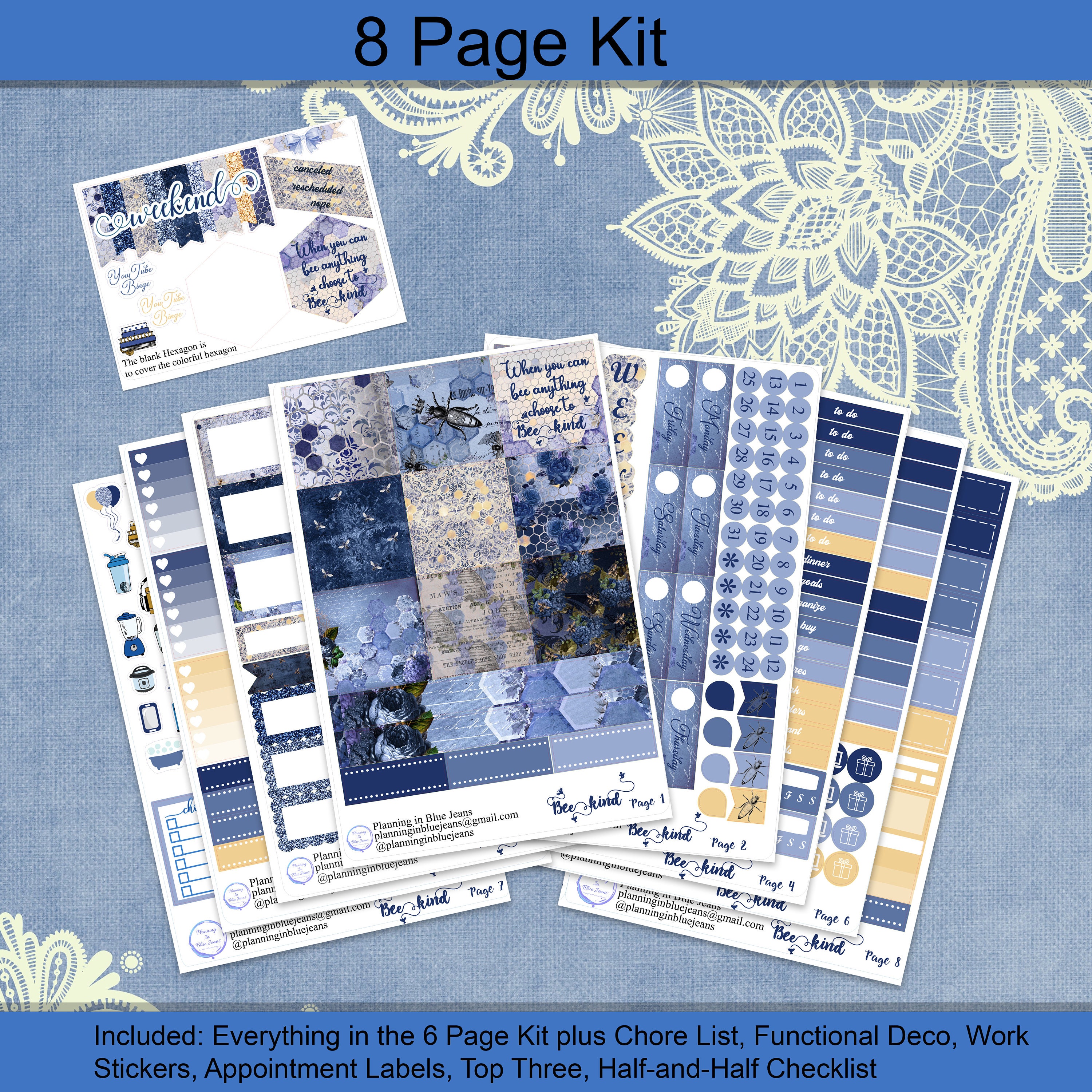 Horizontal - Blue Bee Kind Planner Sticker Weekly Kit 4, 6, 8 Page or A ...