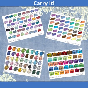 May include: A set of 40 colorful stickers featuring different types of bags, including purses, pencil cases, backpacks, and briefcases. The stickers are designed with a simple, hand-drawn style and are perfect for adding a touch of personality to planners, journals, and other items.