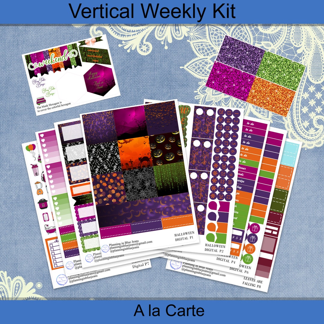 Horizontal - Digital Halloween Sticker Weekly Kit 4, 6, 8 Page or A La ...