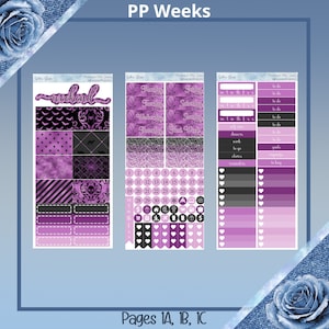 May include: Purple and black planner stickers with a gothic theme. The stickers include a calendar, days of the week, to-do lists, and other decorative elements. The text "PP Weeks" is at the top of the image. The text "Pages 1A, 1B, 1C" is at the bottom of the image.