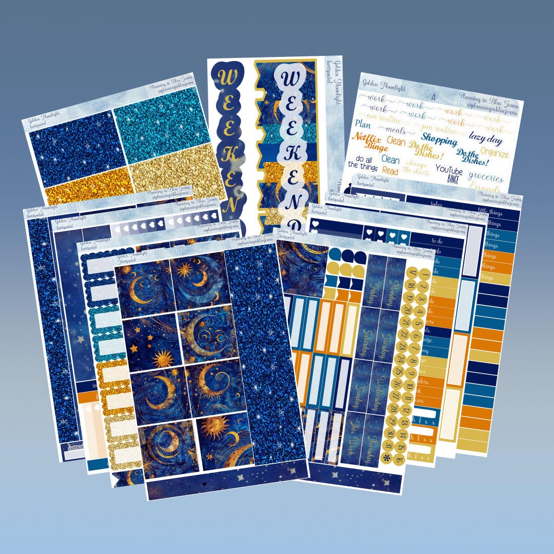 Horizontal - Golden Moonlight Sticker Weekly Kit 4, 6, 8 Page or A La ...