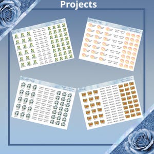 May include: Four sheets of stickers with different designs for project tracking. The first sheet features green frogs, the second sheet features yellow and orange lotus flowers, the third sheet features houses, and the fourth sheet features folders with hearts.