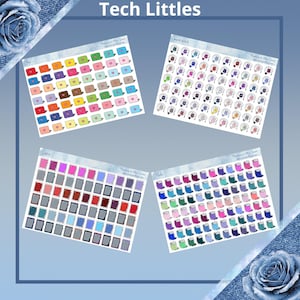 Puede incluir: Cuatro hojas de pegatinas de colores con varios iconos de temática tecnológica. Las pegatinas incluyen portátiles, relojes inteligentes, tabletas y teléfonos en una variedad de colores. El texto "Tech Littles" está en la parte superior de la imagen.