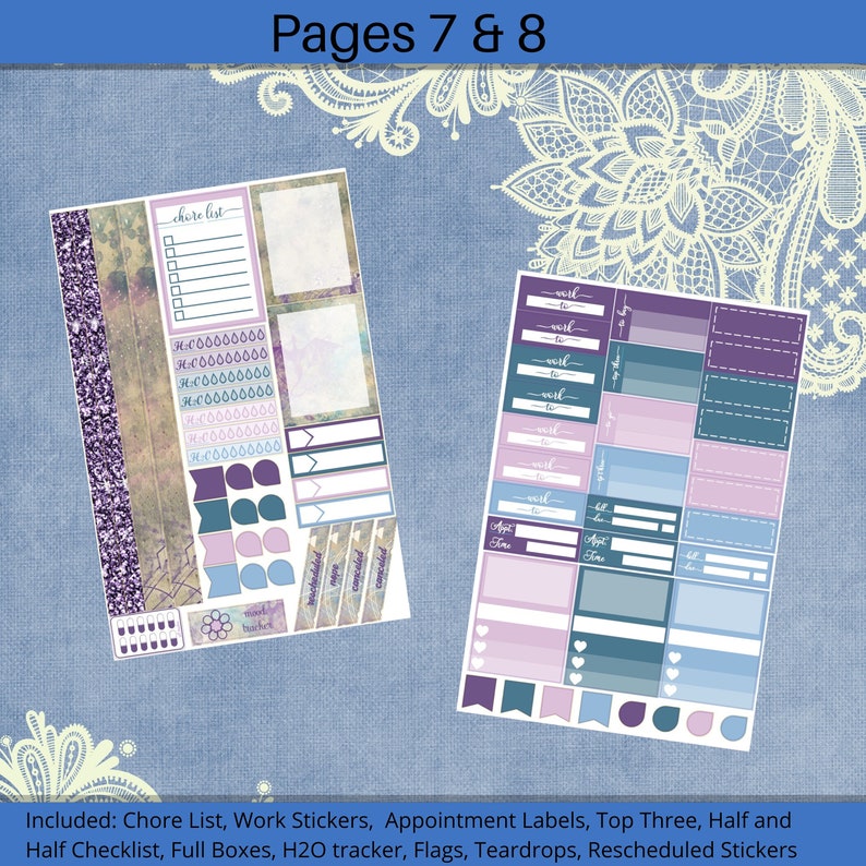 K&ouml;nnte beinhalten: Zwei Seiten mit druckbaren Planer-Stickern in einem lila, blauen und wei&szlig;en Farbschema. Die Sticker beinhalten eine Aufgabenliste, Arbeitssticker, Terminaufkleber, Top Three, Half and Half Checkliste, volle K&auml;stchen, H2O-Tracker, Flaggen, Tr&auml;nen und verschobene Sticker.