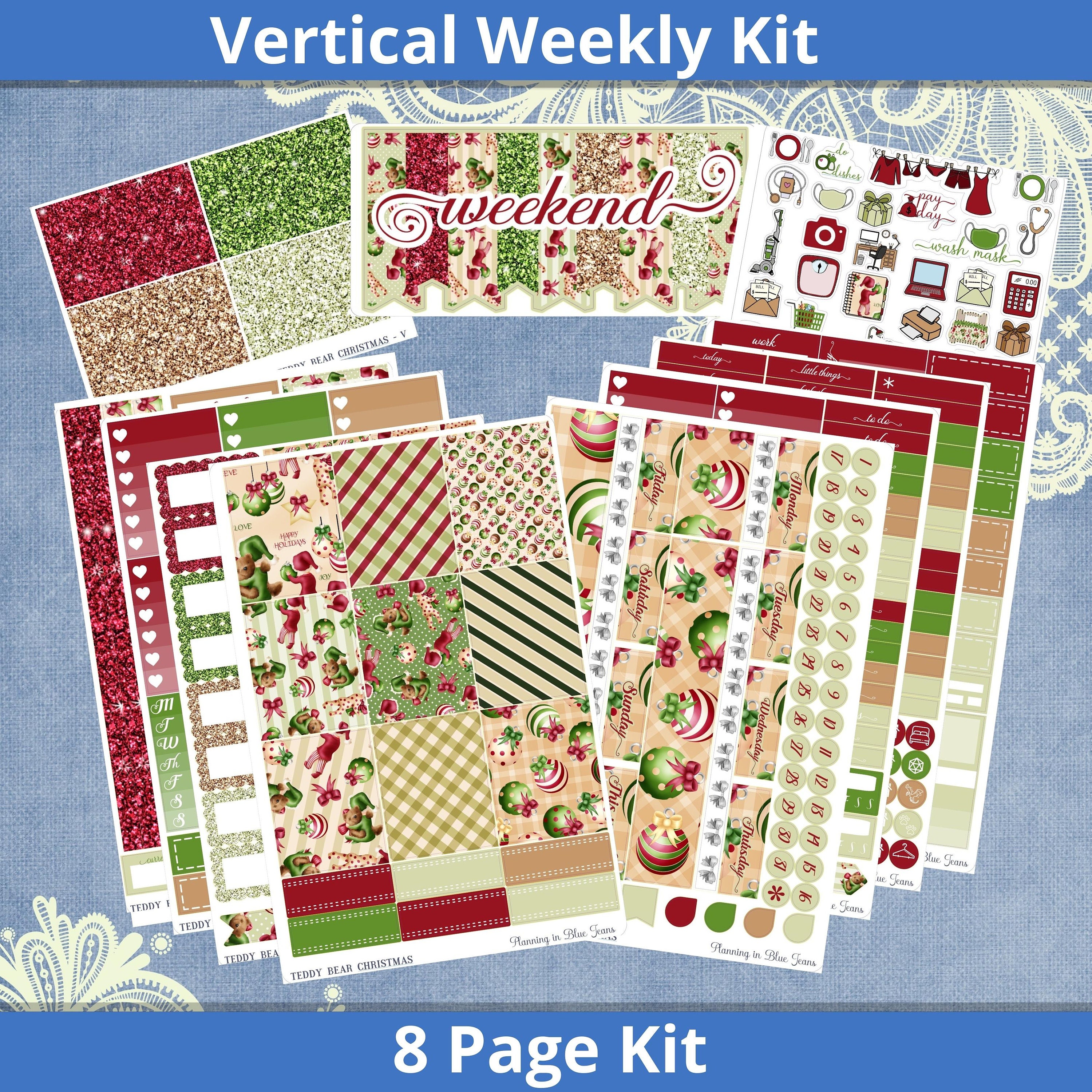 Vertical 7 X 9 - Teddy Bear Christmas Planner Sticker Kit, Weekly 4, 6 ...