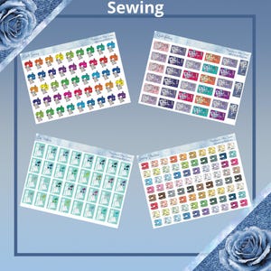 May include: A set of colorful planner stickers featuring sewing-themed designs. The stickers include sewing machines, quilt patterns, and quilt batting.