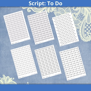 Könnte beinhalten: Fünf Blätter mit schwarzen und weißen bedruckbaren Aufklebern mit den Worten "To Do" in kursiver Schrift. Die Blätter sind mit "Script: To Do" beschriftet und haben eine Nummer in der rechten unteren Ecke.
