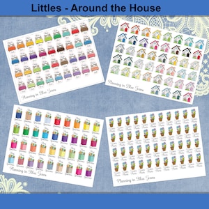 May include: Four sheets of stickers with various colorful illustrations. The stickers are organized into four categories: "Making the Bed", "Around the House", "Grocery Shopping", and "Watering Plants". Each sheet has the text "Planning in Blue Jeans" at the bottom.