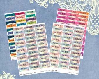 May include: A set of colourful pain tracker stickers with different designs. The stickers are labelled "Pain Tracker" and have a variety of colours and patterns. The stickers are arranged in three rows, with each row having a different design. The stickers are perfect for tracking pain levels and can be used in a planner or journal.