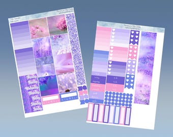May include: Purple and pink planner stickers with a watercolor background. The stickers include days of the week, hearts, and a to-do list.
