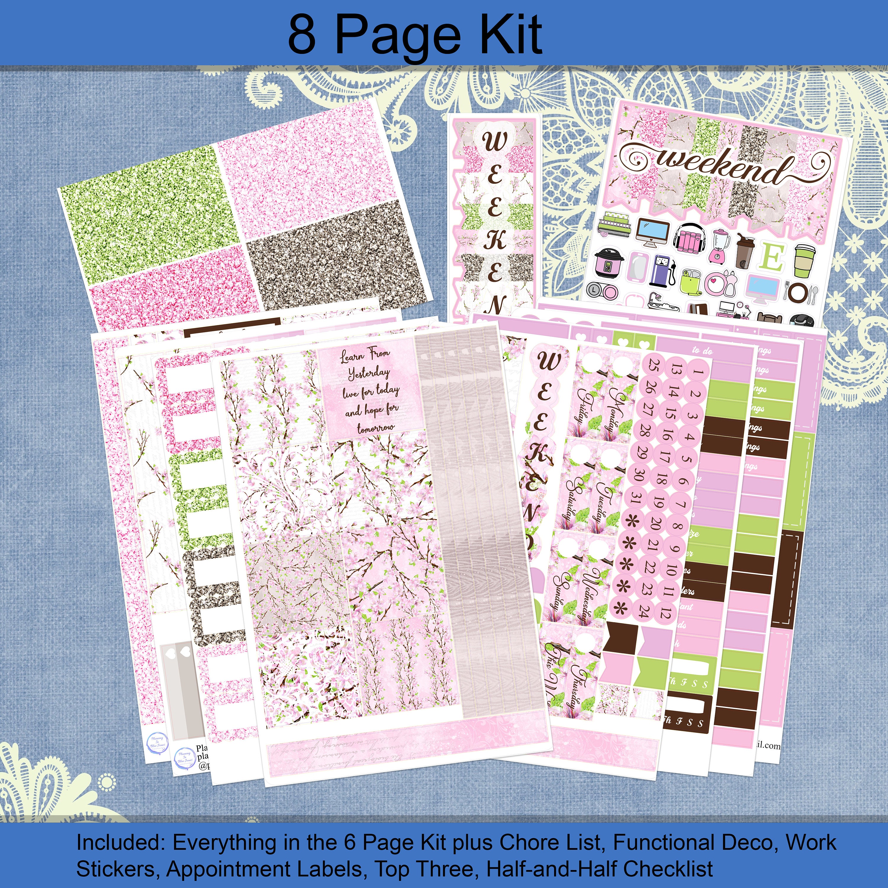 Horizontal - Cherry Blossom Planner Sticker Weekly Kit 4, 6, 8 Page or ...