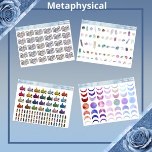 May include: A set of four digital sticker sheets featuring various metaphysical themes. The sheets include tarot cards, crystals, essential oils, and moon phases. Each sheet has a watercolor design with a light blue background.