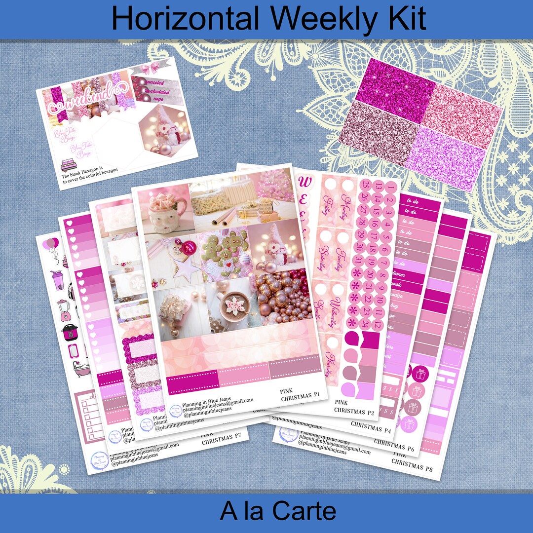 Horizontal - Pink Christmas Planner Sticker Weekly Kit 4, 6, 8 Page or ...