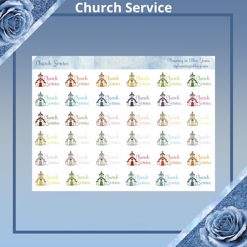 May include: A sheet of colorful stickers featuring a church building with the text "Church Service". The stickers are in various colors, including red, blue, green, yellow, and brown.